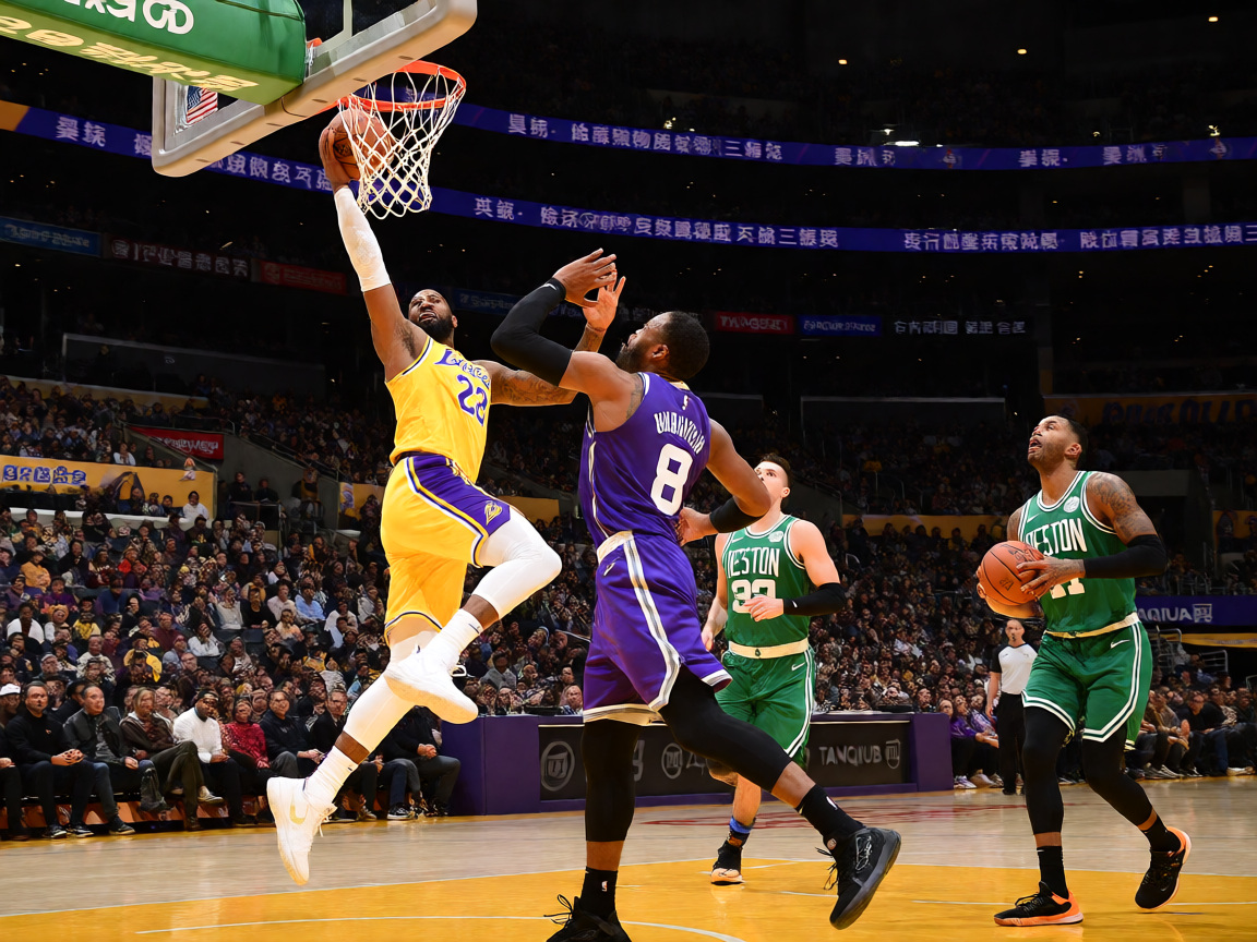 NBA湖人队比赛现场，球员突破上篮精彩画面